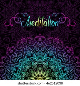 Vector hand-drawn oriental mandala with place for text, ethnic mandala border, decorative background with colorful gradient ornament, good for greeting card and invitation, EPS 10