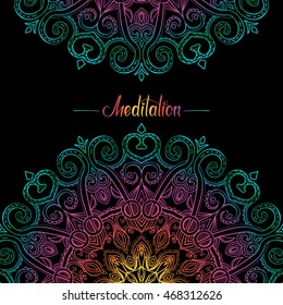Vector hand-drawn oriental mandala with place for text, ethnic border, decorative background with colorful gradient ornament, good for greeting card and invitation, EPS 10