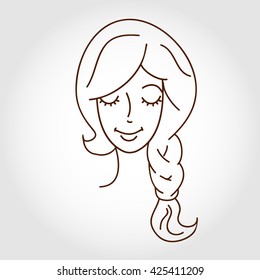 Vector hand-drawn outline of a girl face. Young woman with a braid. Hairstyle fashion. Beautiful girl with a plait. Young pretty woman smiling. Cute woman face.