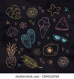 Vector hand-drawn outline summer icon set. Design flat elements for advertising beach holiday events, tourism. Chalk outline fruits, touristic equipment, flowers and hearts on blackboard background.