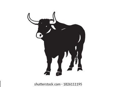 Vector hand-drawn ox isolated on black background, black figure graphical illustration	
