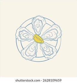 Placa de ostra desenhada à mão vetorial. Tinta azul monocromática. Ilustração de comida.