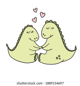 vector hand-drawn pair of loving dinosaurs. cute funny cartoon characters. print, sticker, postcard, doodle, sketch. isolated on a white background