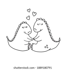 vector hand-drawn pair of loving dinosaurs. cute funny cartoon characters. print, sticker, postcard, doodle, sketch. isolated on a white background