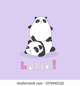 Vector. Hand-drawn pandas. The panda is sitting on the panda. Cute design. Hand lettering hello