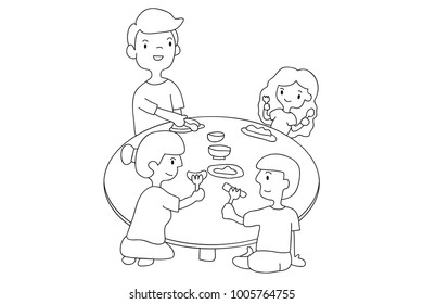 Vector hand-drawn, Parents and children are eating together.