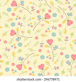 Vector hand-drawn pastel floral seamless pattern. Tender background with flowers, leaves, berries