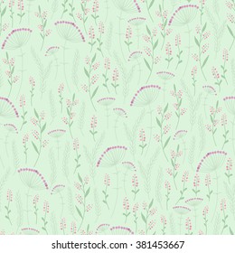 Vector hand-drawn pastel spring floral seamless pattern. Tender background with flowers, leaves, berries