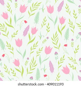 Vector hand-drawn pastel spring floral seamless pattern. Tender background with flowers, leaves, feathers