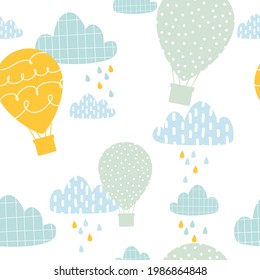 Vector hand-drawn pattern with clouds air balloons sunshine in scandinavian style. Stylish print. For children's wallpaper, printing on fabric. Clouds and colored drops.