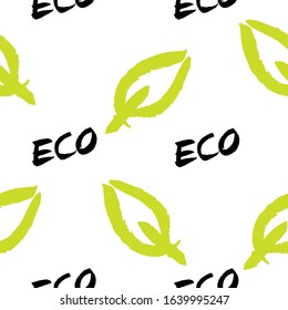 Vector handdrawn pattern with green leaf and lettering "eco' on a white backgroung. Ecological paper print for your design. Plastic free concept for homemade or eco farm product