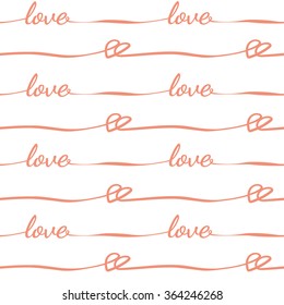 Vector hand-drawn pattern with hearts and pink stripes, lettering,  Valentines day 14 February card, textile, paper design template