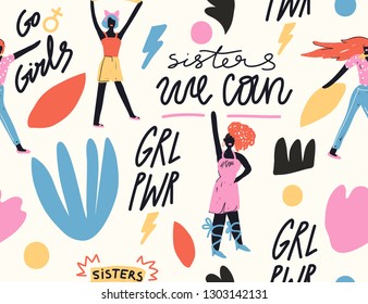 Vector handdrawn pattern. Illustration of female friends, sisterhood, union of feminists. Concept for prints, t-shirts, cards.
Signs "GIRL POWER", "WE CAN", "SISTERS", "GO GIRLS".