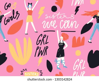 Vector handdrawn pattern. Illustration of female friends, sisterhood, union of feminists. Concept for prints, t-shirts, cards.
Signs "GIRL POWER", "WE CAN", "SISTERS", "GO GIRLS".