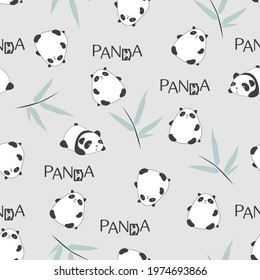 Vector. Hand-drawn pattern with pandas and bamboo branches. Cute pandas, lettering panda, bamboo. On a gray background. Children's wallpaper. Designer print. Printing on fabric. Kawaii animals.