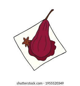 Vector hand-drawn pears in red wine. Spanish dessert. Design sketch element for menu cafe, bistro, restaurant, bakery, label and packaging. Colorful illustration on a white background.