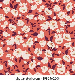 Vector Hand-drawn pen brush textured flower and leaf illustration motif seamless repeat pattern digital file pattern artwork fashion home decor print floral fabric textile