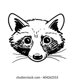 Vector hand-drawn pen and ink black and white cute raccoon face portrait illustration. Nature wildlife themed vintage retro sketch style design element for web and print. 