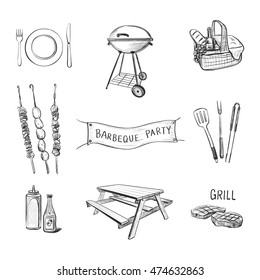 Vector hand-drawn picnic icons on a white background. Attributes for a barbecue party