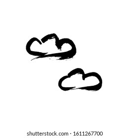 Vector handdrawn picture of two clouds on clear sky. Ink brush template isolated on white background. 