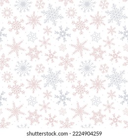Vektor handgezeichnet rosa und graues Schneeflocken Muster. Silhouetten mit Schnee. Hintergrund für Weihnachten, Winterdrucke, saisonale Grüße.