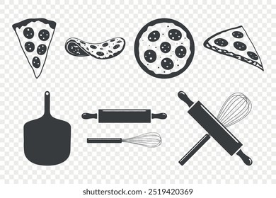 Vector Hand-Drawn Pizza Icon Set. Whole Pizza, Pizza Slice, Paddle, Whisk, Rolling Pin. Design Templates for Pizzeria, Menu Design, Icons. Pizza Elements Collection