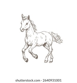 Vector hand-drawn pony sketch in black ink, cute horse in western rodeo style. Isolated on white.