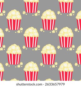 Vector hand-drawn popcorn pattern with popcorn buckets filled with popcorn. Fun food theme for entertainment projects.