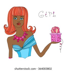 Vector hand-drawn portrait of a African fun girl. A girl with orange short hair in a fashionable smart bodice, holding a gift box. Painted black lines on a white background.