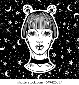 Vector hand-drawn portrait of alien face. Beautiful extraordinary girl over the night sky background. Outer space trendy illustration, tattoo, prints. posters.