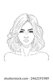 Vektorgrafik Handgezeichnetes Portrait, schönes süßes Mädchen, Tintenstil. Schwarz-Weiß-Illustration, Profil-Bild, Skizze. Lange Haare, junge Frau. Isoliert auf weißem Hintergrund