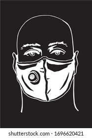 Retrato vectorial hecho a mano del hombre con máscara de protección antivirus aislado en fondo negro, ilustración vectorial grabada 