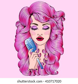 Vector hand-drawn portrait of the young girl singer with long wavy hair pink and crimson shades. Singer with closed eyes holding a blue microphone and sings a song. Eps 10. On a pink background