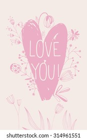 Vector hand-drawn post cards with flowers for Valentine's day. Love you!