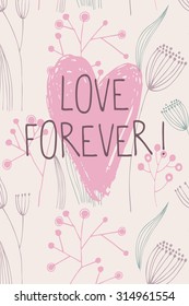 Vector hand-drawn post cards with flowers for Valentine's day. Love forever!