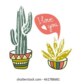 Vector hand-drawn poster. Grunge silhouette print linocuts. Cacti with dialogs.  Fabric design with potted cacti and succulents.