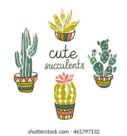 Vector hand-drawn poster. Grunge silhouette print linocuts. Cacti isolated on the white background. Grunge design with potted cacti and succulents.