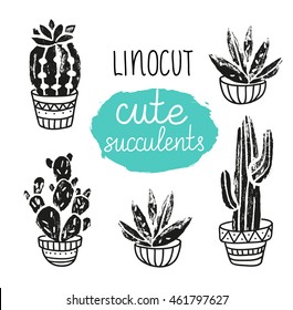 Vector hand-drawn poster. Grunge silhouette print linocuts. Cacti isolated on the white background. Grunge design with potted cacti and succulents.