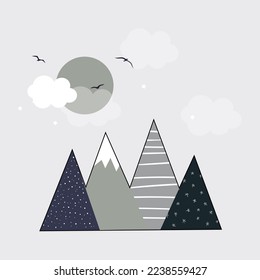 Vector hand-drawn poster with mountains, birds, clouds. Poster on the wall. Children's wallpaper in scandinavian style.