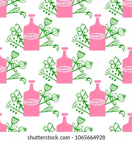 Vector hand-drawn poster in the style of "Hygge" and a pattern with bottles with folk patterns. For the menu of tea cafe, packing, posters.