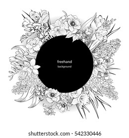 Vector hand-drawn primroses, black and white wreath made of flowers. Circle decoration. Wreath illustration made of flowers and herbs. Spring elements. Freesia, Snowdrop, lilacs, anemones, narcissus