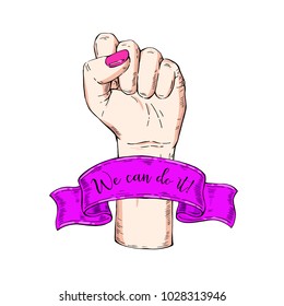 Vector hand-drawn purple, violet, lilac background, sketch illustration. Template for printing, advertising, poster, poster, web design. Female hand with fist raised up. Symbol feminism. We can do it