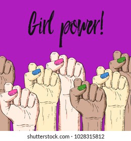 Vector hand-drawn purple, violet, lilac background, sketch multicultural illustration. Template for printing, advertising, poster, web design. Female hand with fist raised up. Symbol of feminism. 