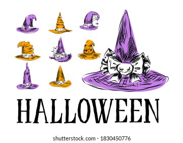 Vector hand-drawn purple and yellow halloween hats for use in design