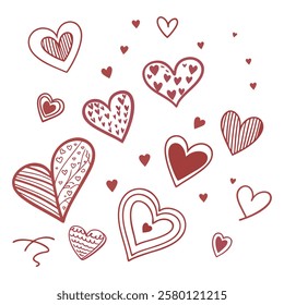 Vector hand-drawn red heart icon set. 