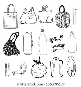 vector hand-drawn replacement of plastic for natural materials on a white isolated background with black lines bag plastic garbage plastic bottle drinking cans garbage bag fish thermos elements set