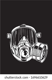 Vector hand-drawn respirator mask isolated on black background, vector engraved illustration 