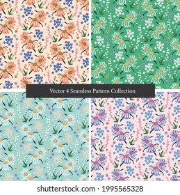 Vector hand-drawn retro cute flowers and plant botanical illustration motif seamless repeat pattern collection set 4 color ways digital file artwork home decor print fabric textile fabric 