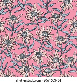Vector hand-drawn retro Sunflower illustration seamless repeat pattern fashion fabric home decor print textile digital art 