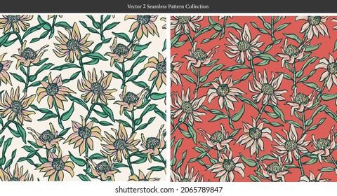 Vector hand-drawn retro Sunflower illustration seamless repeat pattern 2 color ways collection set bundle fashion fabric home decor print textile digital art 